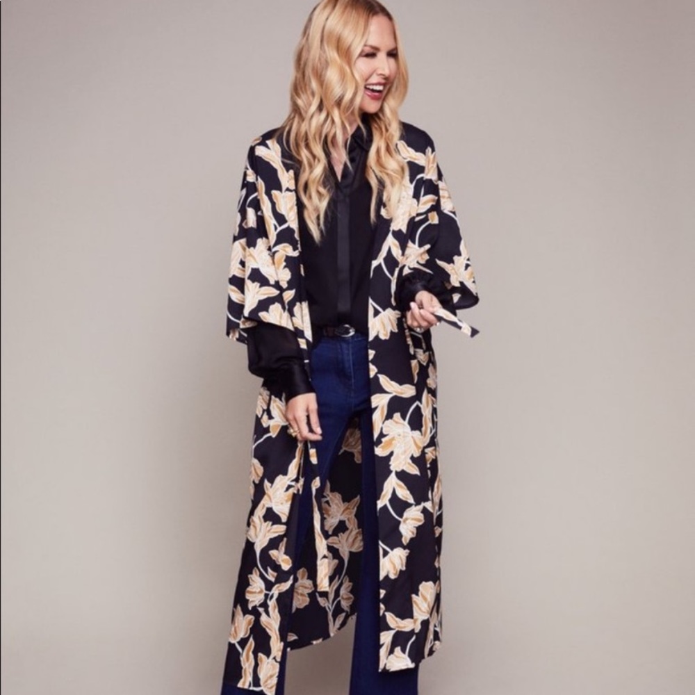 Floral Long Kimono Robe - Black with Cream Floral Print